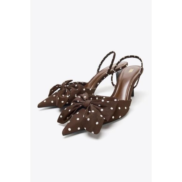 ZARA POLKA DOT PRINT HIGH-HEEL SHOES WITH BOW - Picture 4 of 6